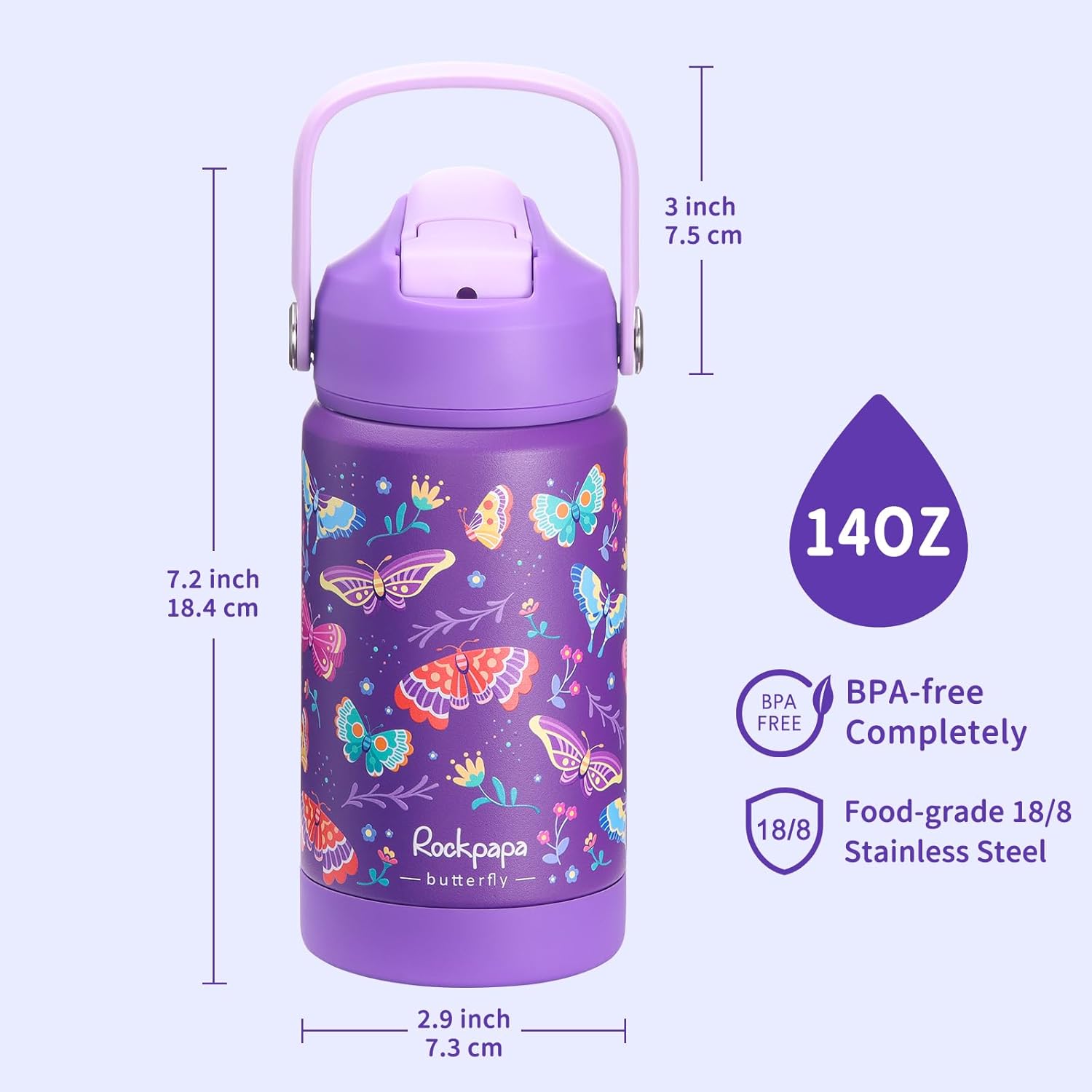 rockpapa 14 oz Kids Insulated Water Bottle,Stainless Steel Toddler Cups with Straws, BPA Free, Leak-Proof, Kids Water Bottle for School Boys& Girls (Purple Butterfly) - Image 7