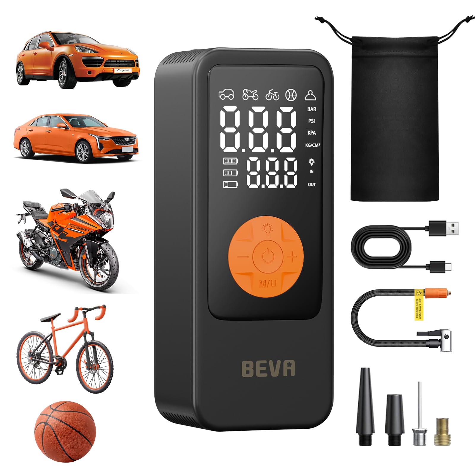 BEVA Gonfleur Pneus Voiture, Gonfleur Electrique Gonflage en 1 Minute | 150PSI/10,3BAR Compresseur à Air Portatif avec Lampe LED , Pompe a Velo, Arrêt Automatique, pour Voiture, Moto, Vélo, Ballon