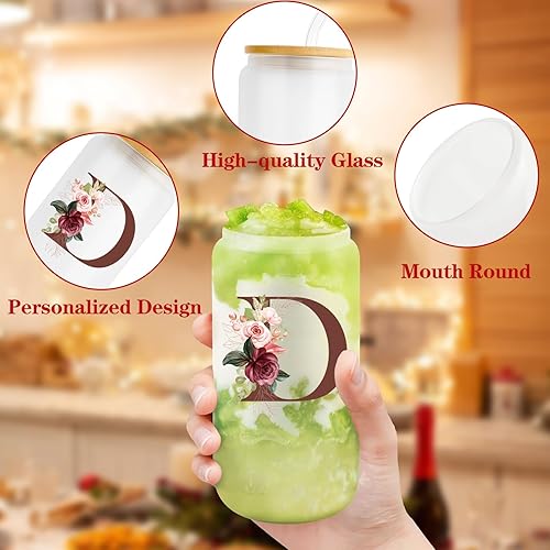 Miniatura 4 de Taza de vidrio inicial  Regalos de cumpleaños para mujeres  Tazas de vidrio de 16 onzas con pajitas con tapas, vaso de vidrio con monograma, taza de