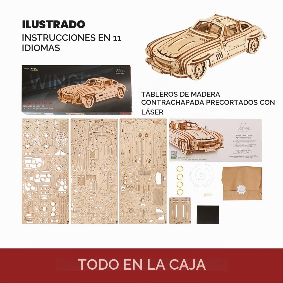UGEARS - Coupé Deportivo Alado Rompecabezas 3D - Escala 1:24 Rompecabezas de Madera 3D para Adultos - Kit de maqueta de Coche - Kits de maquetas con Puertas de ala de Gaviota funcionales 262 Piezas