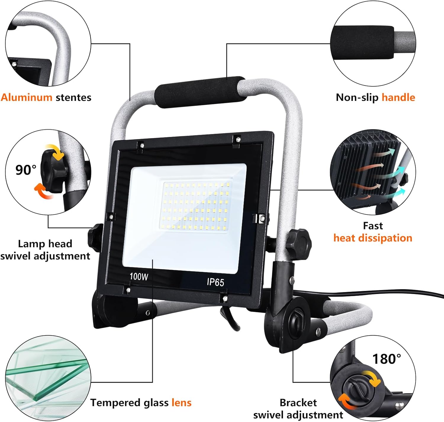 100W Led Work Light - 10000LM LED Flood Lights, Portable Waterproof Work Lights with Stand ＆Hand Hend, 6500K, Adjustable Working Lights for Garage, Workshop, Construction Job Site