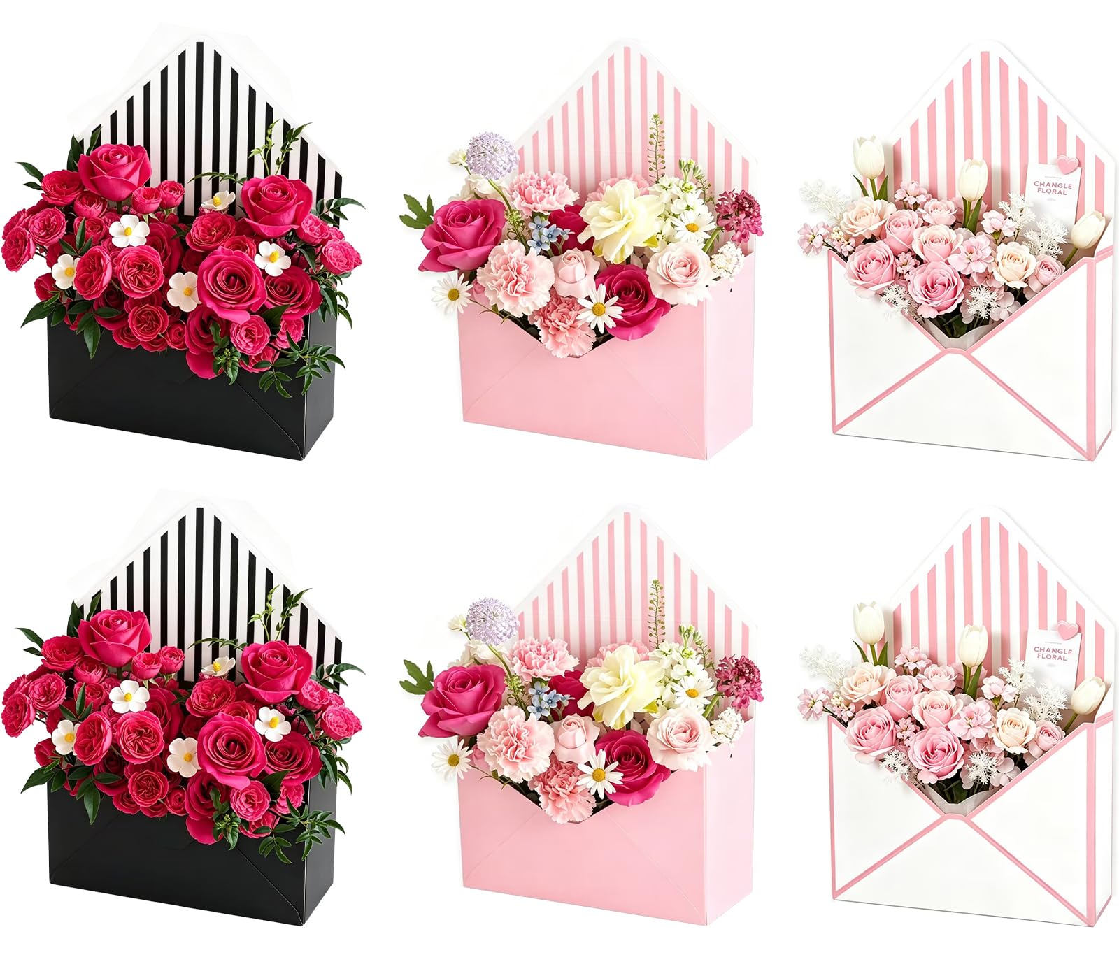 FYSUIMU 6Pcs Mother's Day Floral Envelope Box Empty Flower Stripe Paper Box Florist Bouquet Packaging Box for Valentine's Day Wedding Birthday Party Arrangements, Black White Pink