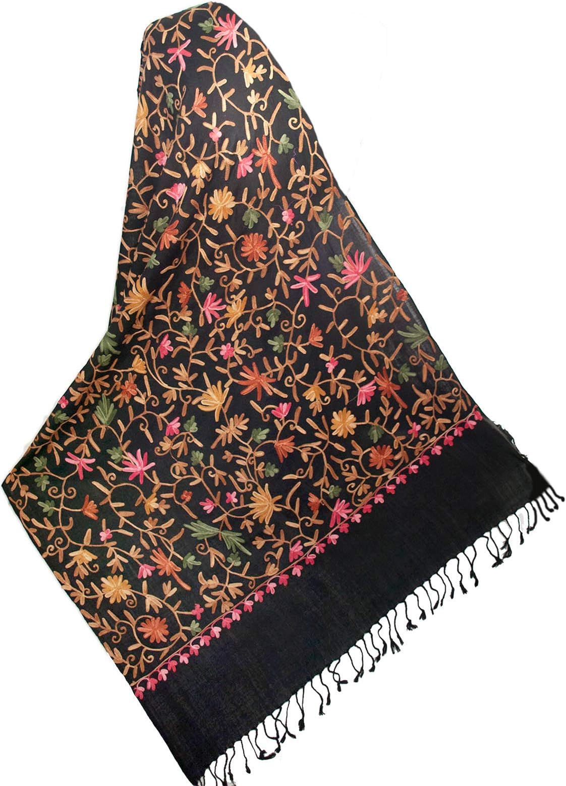Medium Black Wool Shawl Embroidered With Vines & Flowers Pashmina Style Kashmir Ari