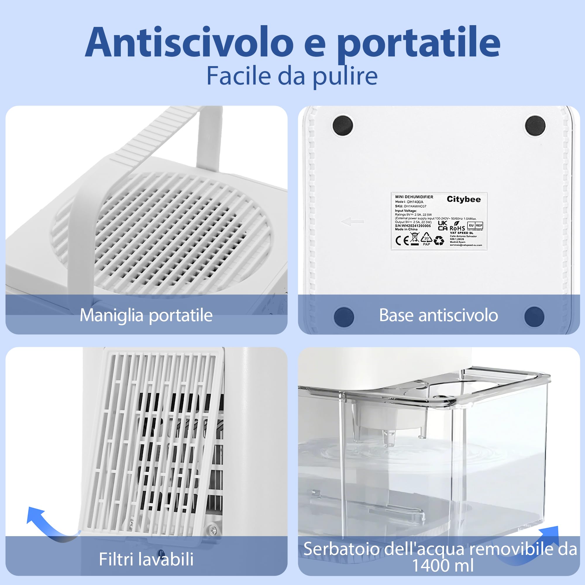 CITYBEE Deumidificatore elettrico, 1400 ml, deumidificatore silenzioso per casa, camera da letto e cantina, deumidificatore con timer e illuminazione d'atmosfera (bianco)