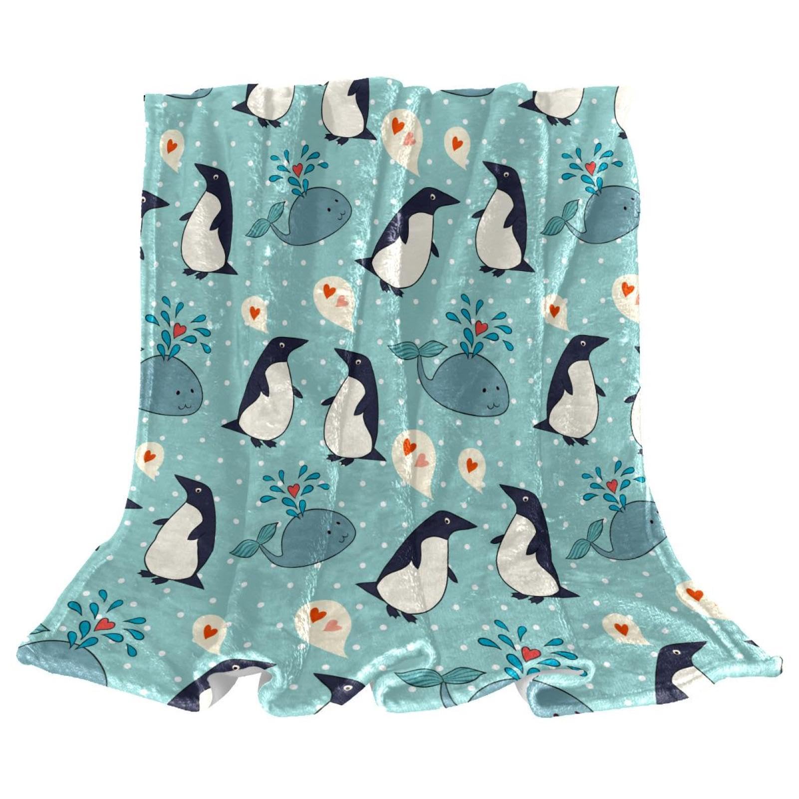 Couverture polaire baleine pingouin 150x130cm douce pour lit et canapé