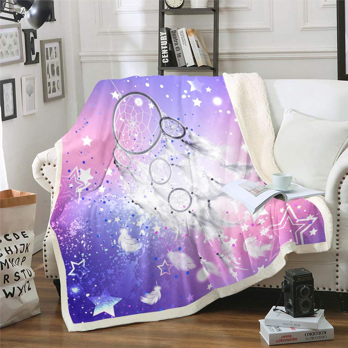 Manta de felpa con diseño de estrellas, atrapasueños, manta de forro polar bohemio, atrapasueños para niñas, niños, mujeres, habitación, elegante, atrapasueños, manta difusa para sofá cama King de 87