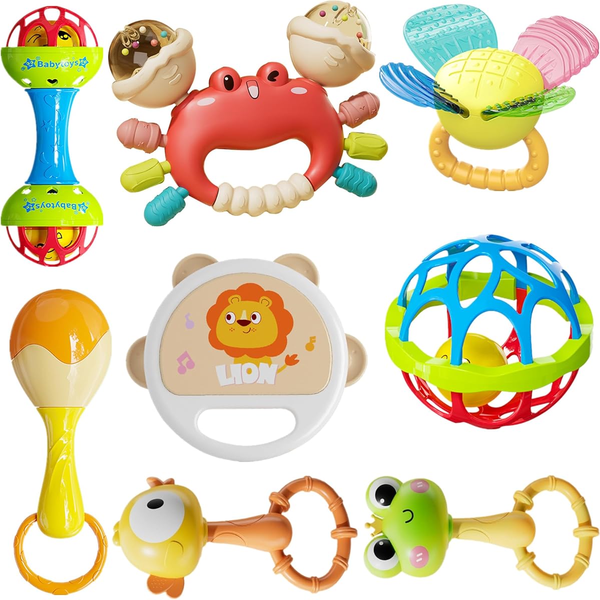 Juego de sonajeros y mordedores para bebés, 8 piezas de sonajeros para bebés con sonido arrugado, anillo de dentición, juguete para apretar durante más de 3 meses, diseño de animales coloridos (león, cangrejo, rana, pájaro) para el desarrollo sensorial