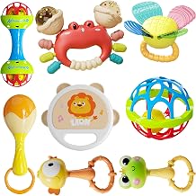Infant Rattle and Teether Toy Set, 8PCS Baby Rattles Toys with Crinkle Sound,Teething Ring,Squeeze Toy for 3+ Months,Colorful Animal Design Lion, Crab, Frog, Bird for Sensory Development