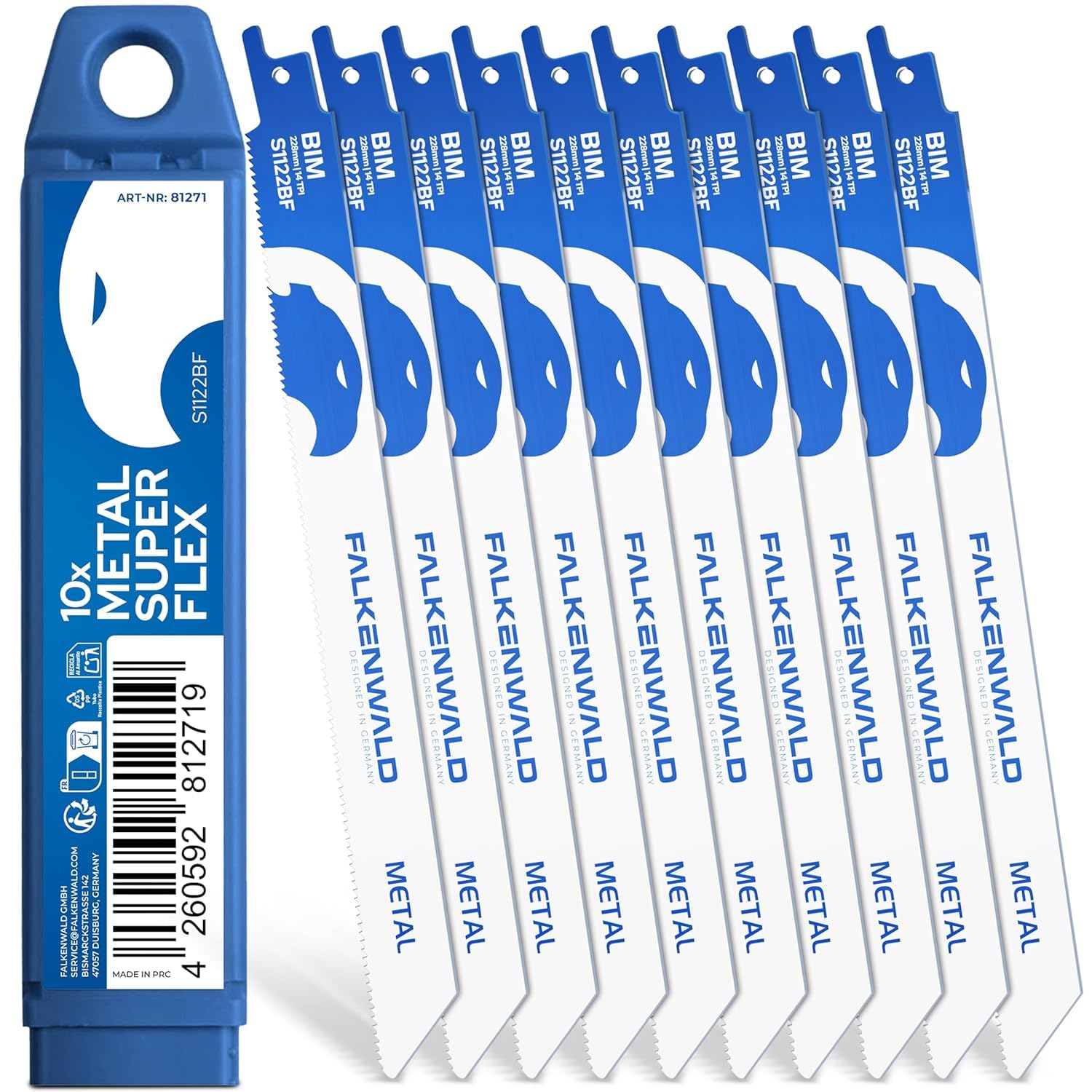 FALKENWALD® Säbelsägeblätter Metall 10x S1122BF – Super Flex - 225 mm lang, 14 TPI - Bi-Metall, Edelstahl, Aluminium, Bleche - Universalschaft 1/2" für Bosch, Makita, Einhell u. v. m.