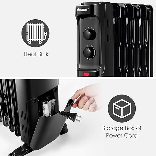 Miniatura 8 de COSTWAY Calentador de radiador lleno de aceite, calentador de aceite eléctrico de 1500 W con 3 modos de calefacción, termostato ajustable,