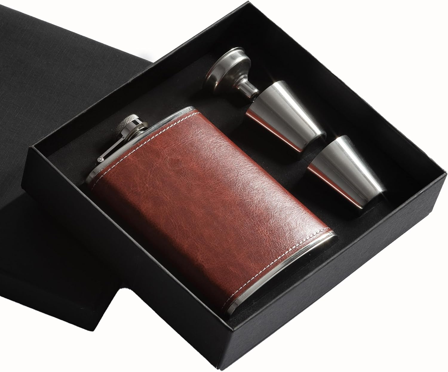 ML Flow Stainless Steel Leather Flask 8oz Gift Set Box - Leak Proof Whiskey Flask with Cups & Funnel