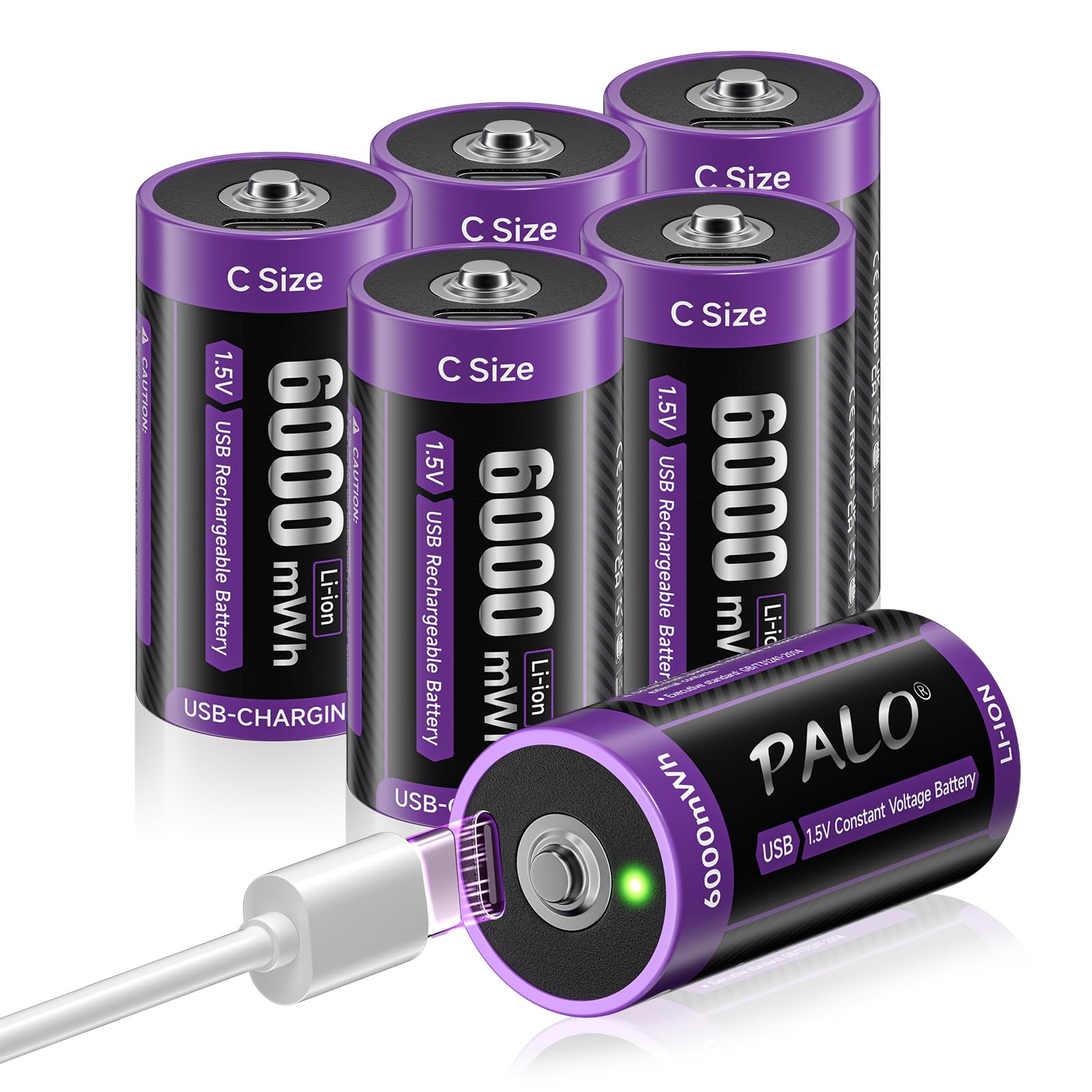 Pilas Baby C Recargables USB-C Lr14 Pila 1.5V 6000mWh Pilas Tipo C de Carga Rápida Litio Batería con Cable de Carga, Baja Autodescarga, con Luz Carga,1500+ Ciclos, 6 Piezas Battery