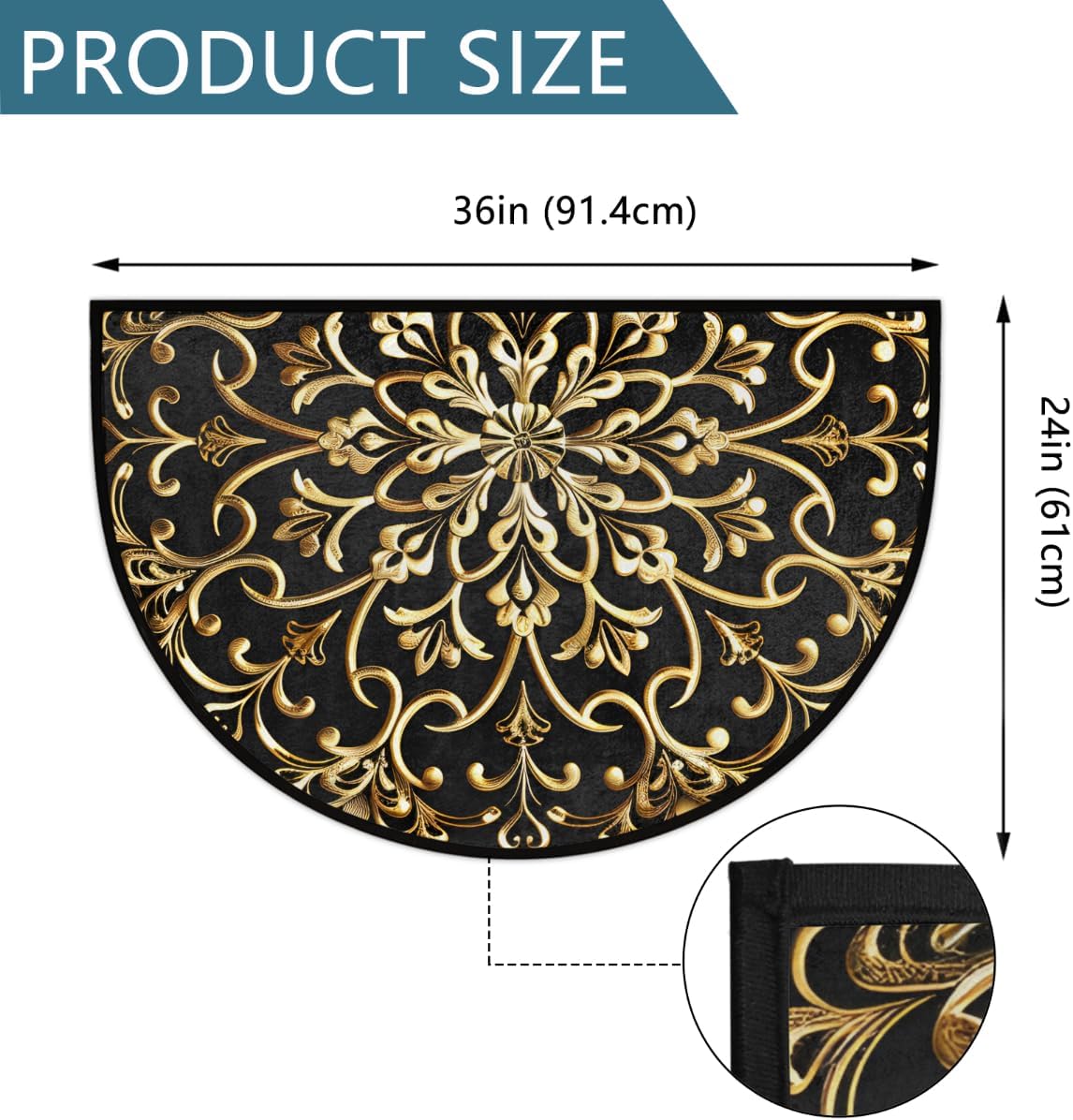 Half Round Door Mat Mandala Gold Ethnic Half Moon Rug Mandala Flower Washable Half Circle Area Rugs Indoor Entrance Non Slip Semi Circle Bathroom Rugs Floor Carpet for Kithen Bedroom Fireplace Decor