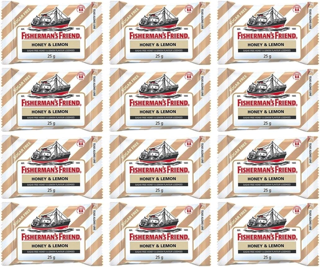 Fisherman's Friend Sugar Free Refreshing Honey & Lemon Flavor Cough Lozenges, 25g pack, (Pack of 12)
