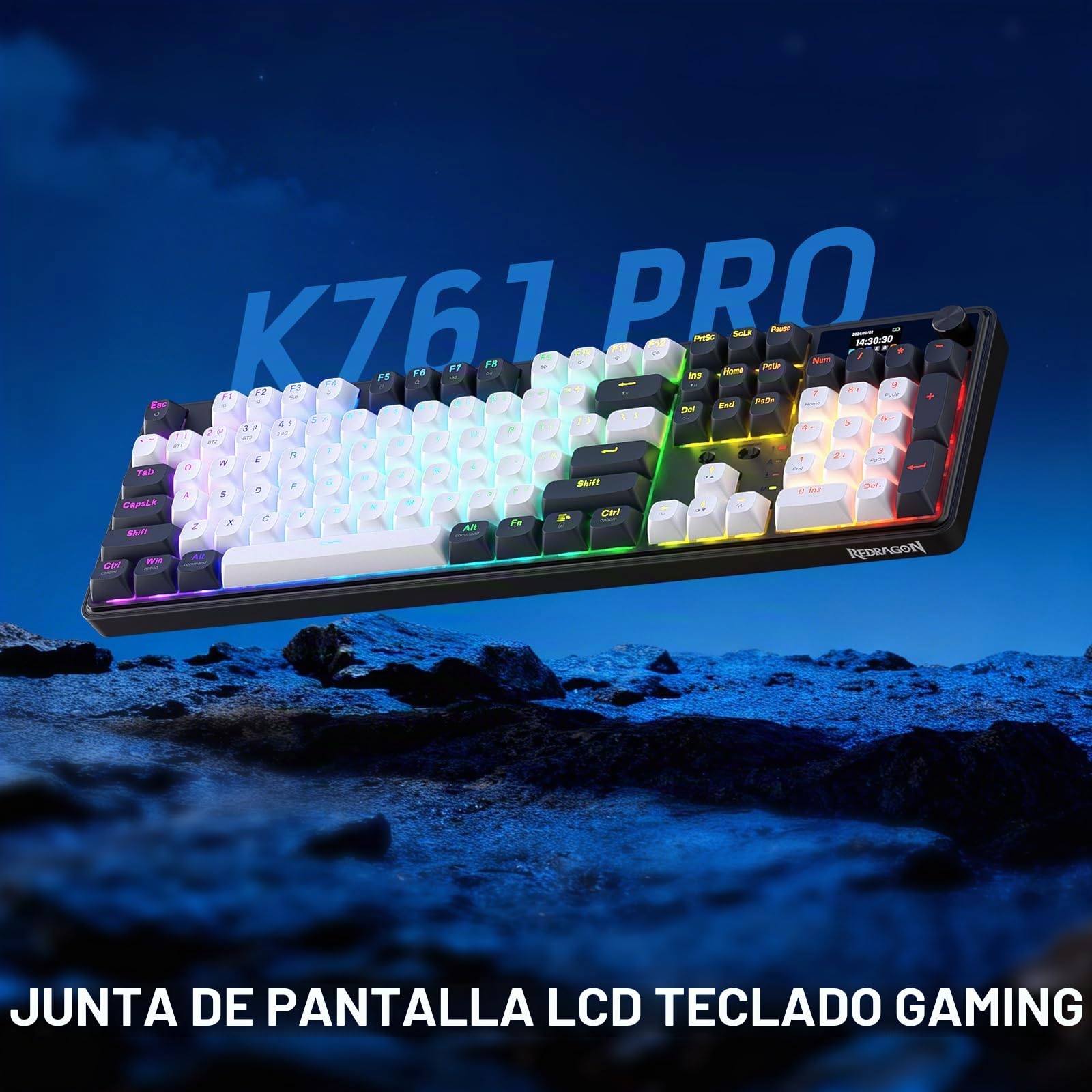 Redragon K761 Teclado Gaming Inalámbrico Pantalla Hype Perilla 104 Teclas | Pantalla TFT 1.14 Pulgadas Fácil Control 5 Capas Amortiguación Ruido Mecánico Gasket