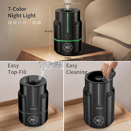 Miniatura 6 de Humidificador inteligente de niebla fría de 6 L, negro moderno para dormitorio grande, ultra silencioso de 22 dB con humidistato, tiempo de