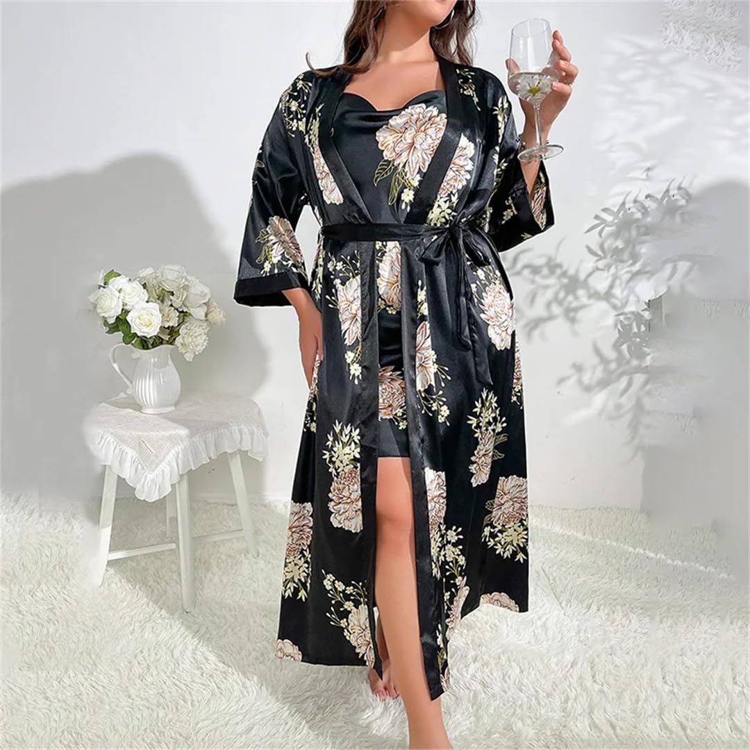 Women Gown Suit Print Kimono Nightgown Lady Robe Set Satin Nightsuits Lingerie