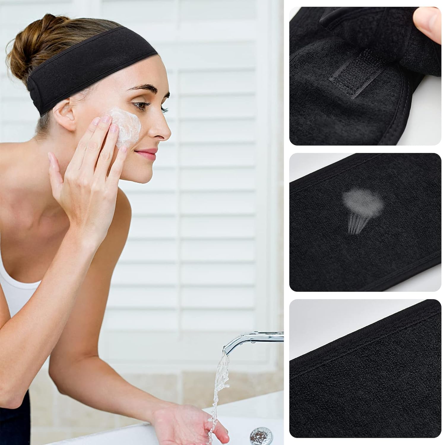 4 Pack Spa Facial Headband Makeup Hair Band Women Skincare Adjustable Microfibre Headband for Washing Face Sports Shower Yoga Bath (Black) - Image 3