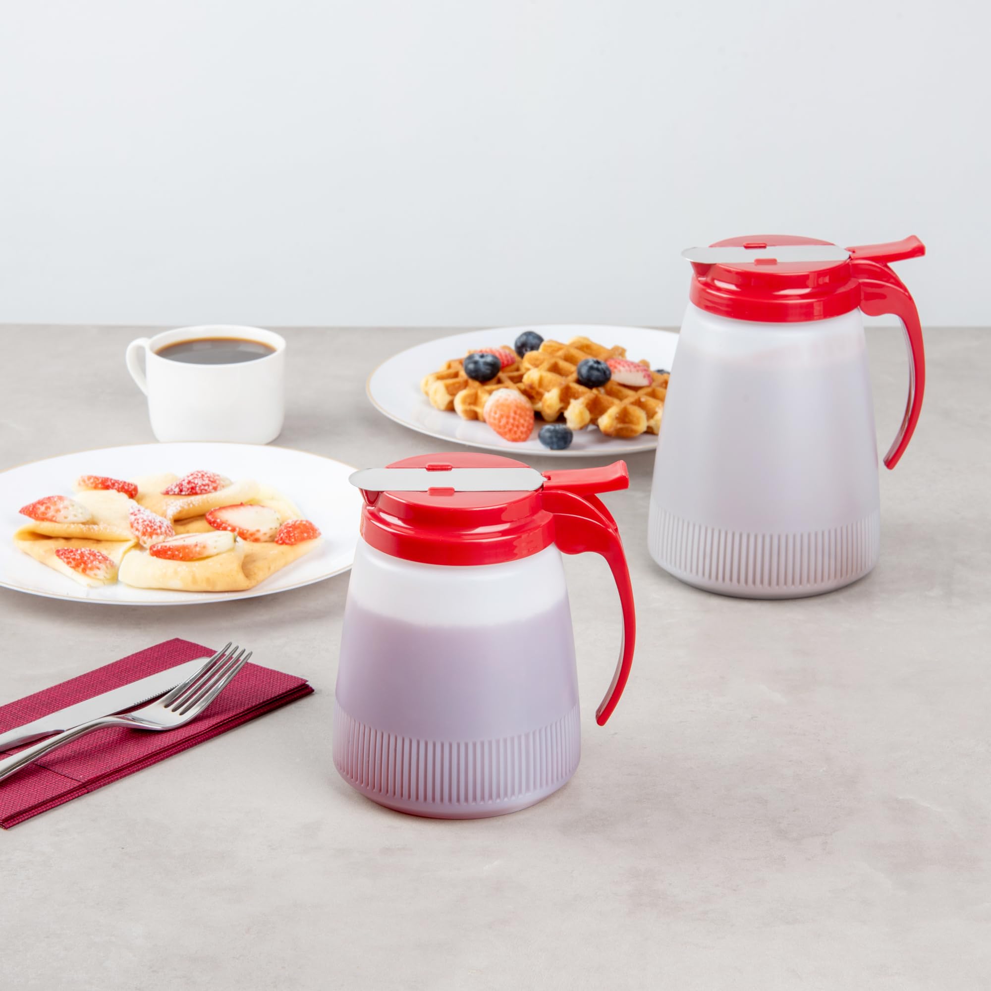 Restaurantware RW Base - Dispensador de jarabe multiusos de 32 onzas, 1 dispensador de miel, parte superior roja, cubierta deslizante de acero inoxidable, dispensador de jarabe de panqueques de