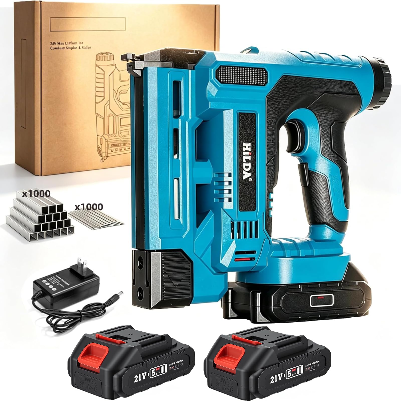 Pistola de Clavos Inalámbrica, Clavadora Eléctrica 21V para Clavos Brad y Grapas, 2 Baterías + 1000 Clavos + 1000 Grapas Incluidas, Tacker sin Cable para Carpintería y Tapicería
