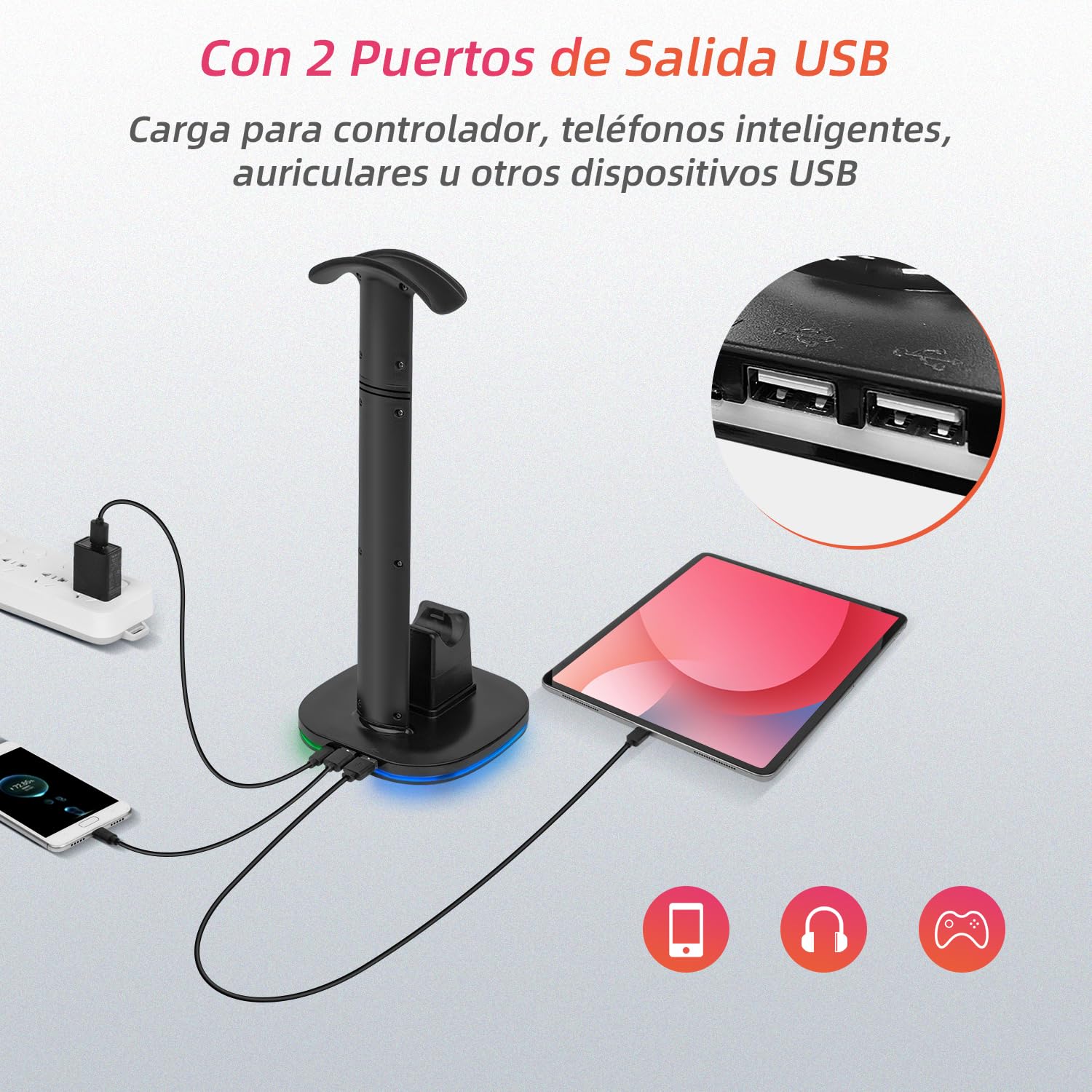 Mcbazel Cargador para Controlador PS5 DualSense, con Iluminación RGB Versátil y Soporte para Auriculares, Compatible con Mandos PS5 DualSense