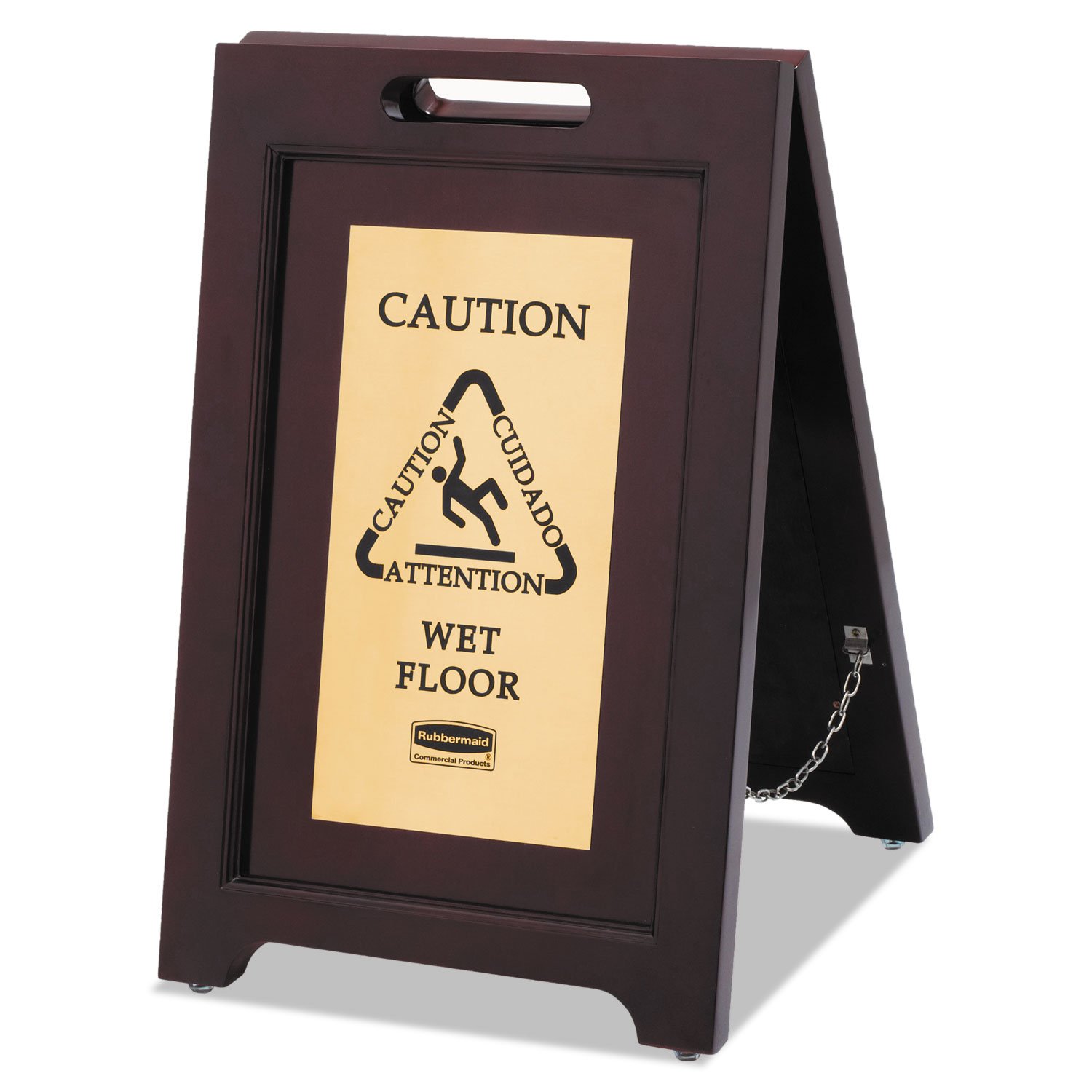 Rubbermaid Commercial Executive SeriesTM 22 Inch Wooden Multilingual Caution Safety Wet Floor Sign 2-Sided Gold product thumbnail 2