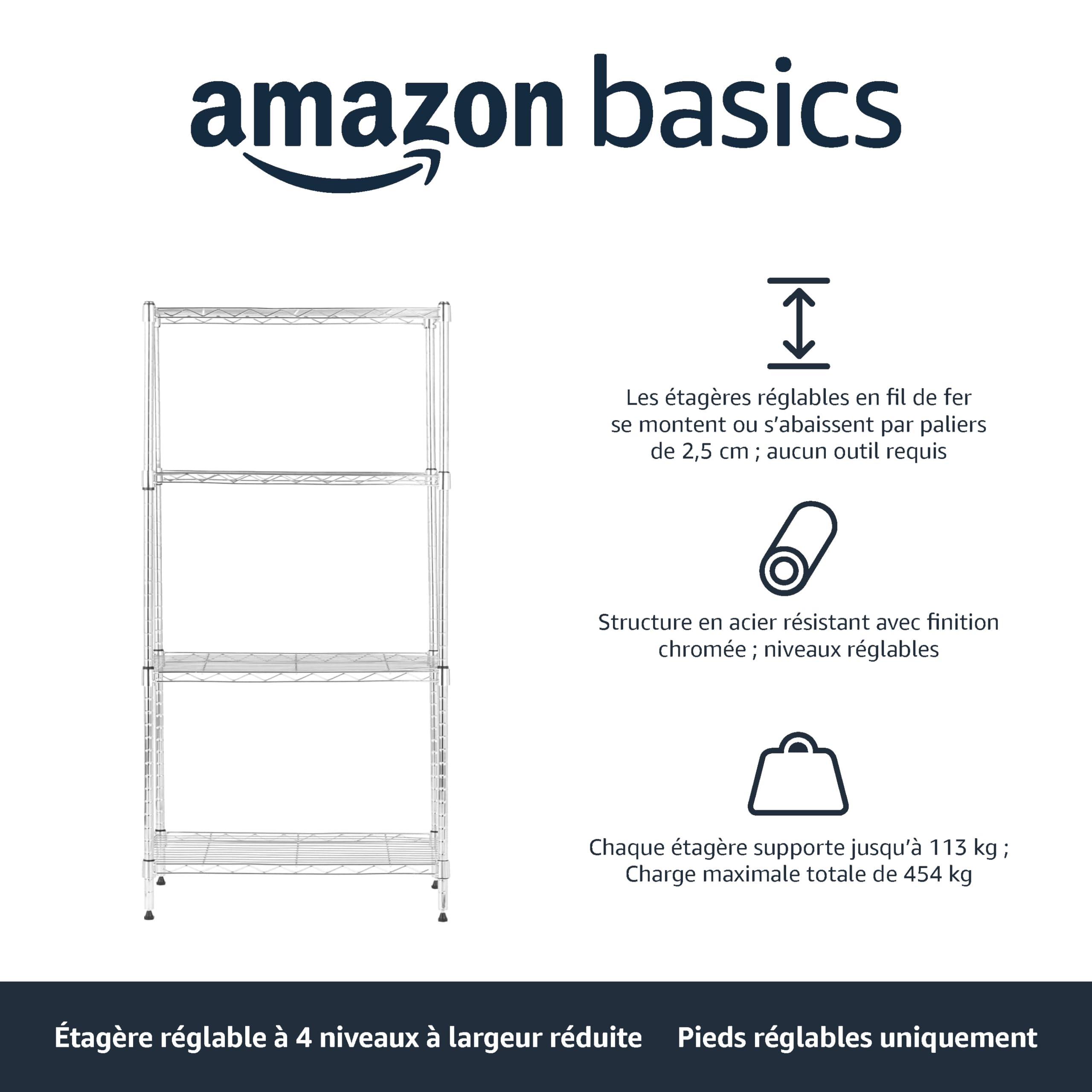 Amazon Basics Étagère à 4 tablettes étroites réglables en hauteur avec pieds de nivellement, charge max. 363 kg, Chromé, 34 x 58.9 x 121.9 cm (l x L x H)