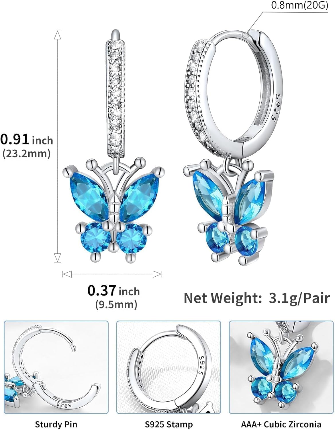 SILVERCUTE 925 Sterling Silver Butterfly Earrings - Hypoallergenic Birthstone Earrings for Women, Butterfly Dangle Earring,Dainty Birthday Gifts for Women/Her - Image 6