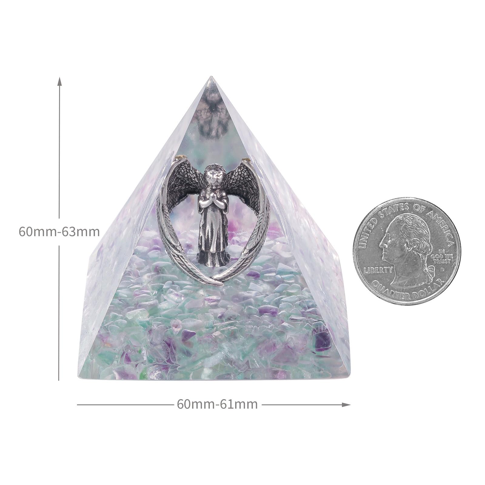 Nupuyai Angel Fluorite Crystal Pyramid Spiritual Ornament, Reiki Healing Stone Quartz Point Energy Feng Shui Pyramid Home Office Decor - Image 2