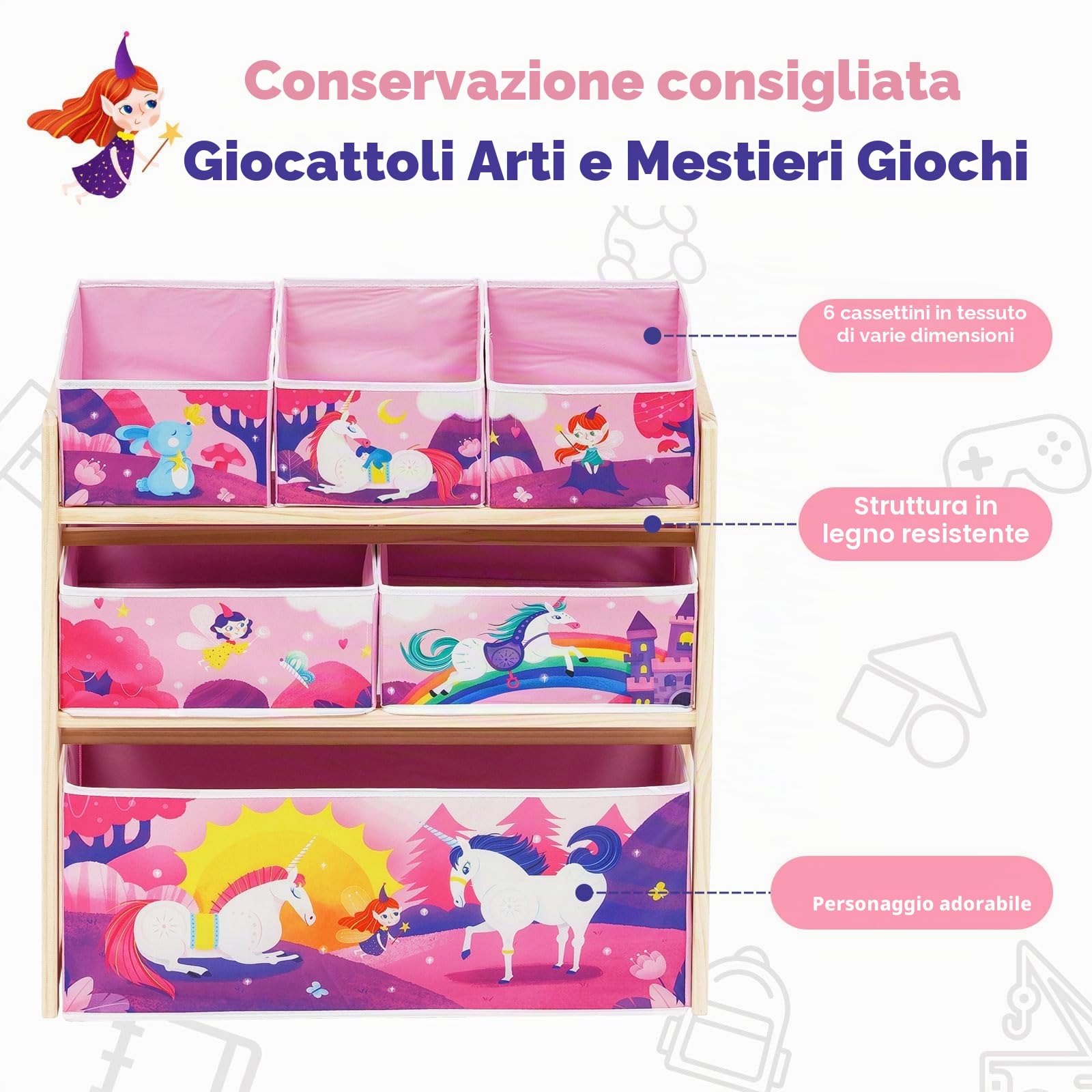 Scaffale per Giocattoli per bambini con 6 contenitori di grande capacità per riporre giocattoli per cameretta dei bambini