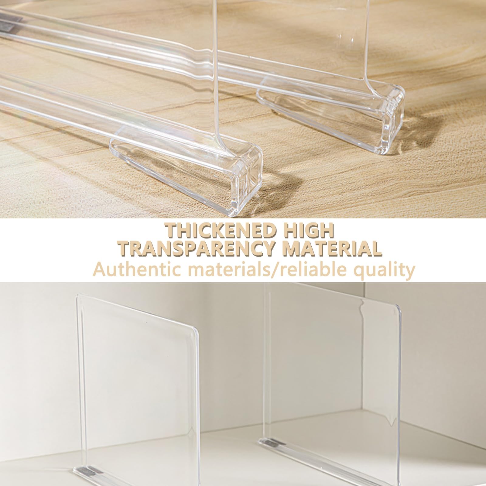 4 separadores de estantes acrílicos ajustables, transparentes para armario, cocina y estanterías, separadores de estantes ideales para una fácil instalación