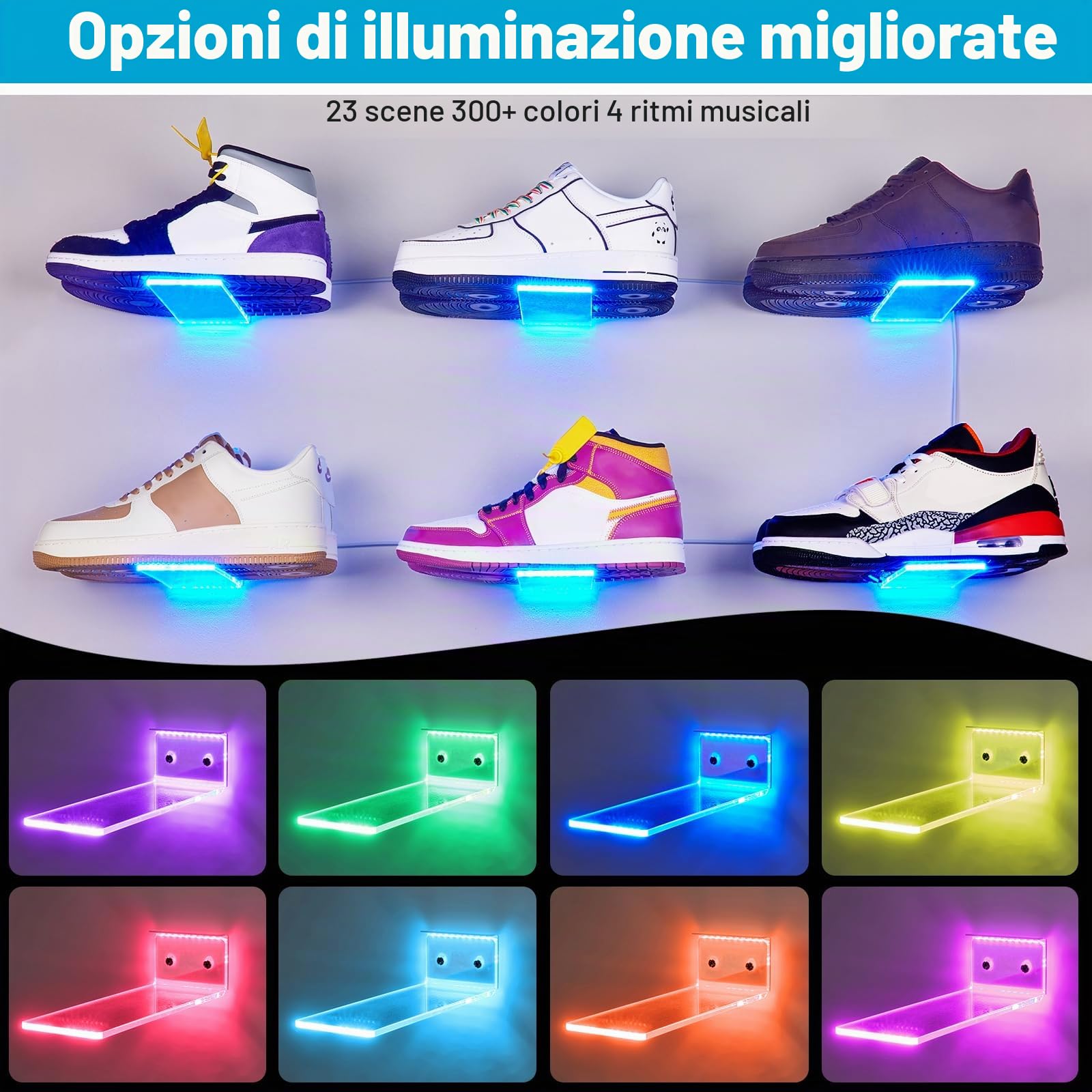 Set di 6 scarpiere sospese, cangianti colori brillanti, scarpiera in acrilico trasparente da parete, portascarpe sospese