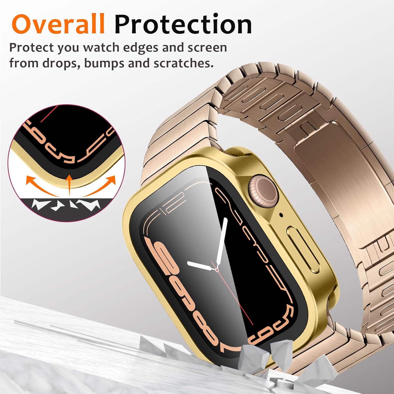 Amizee Metal Case Compatible with Apple Watch SE 3/2/1 Series 6/5/4 44mm Case with Built-in Screen Protector, Straight Edge Ultra Thin with Back Cover Protective Cover for iWatch 44mm, Gold