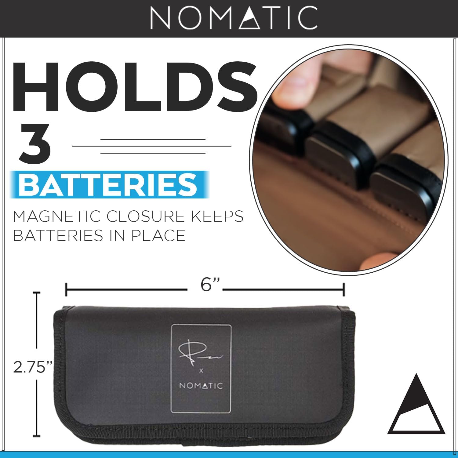 NOMATIC McKinnon Battery Case - DSLR Camera Battery Holder Organizer with Magnetic Closure for 3 Batteries