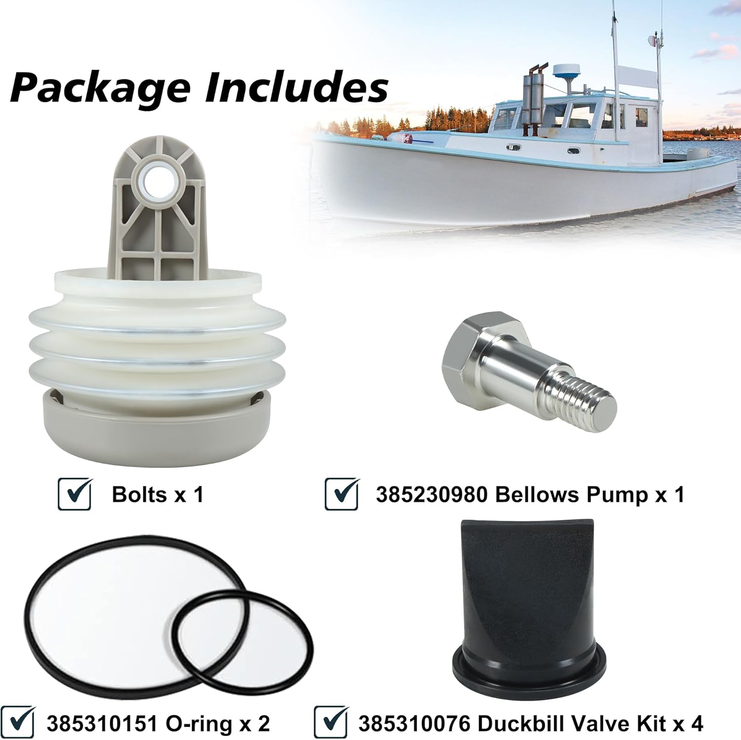 Fits for Dometic Sealand 385230980 Pump Bellow Kit, 385310076 Duckbill Valve (4 Pack) and 385310151 O-Ring (2 Pack) Replace for S, T, J series Vacuum Pump for RV and Boat Toilet Vacuum Pump System