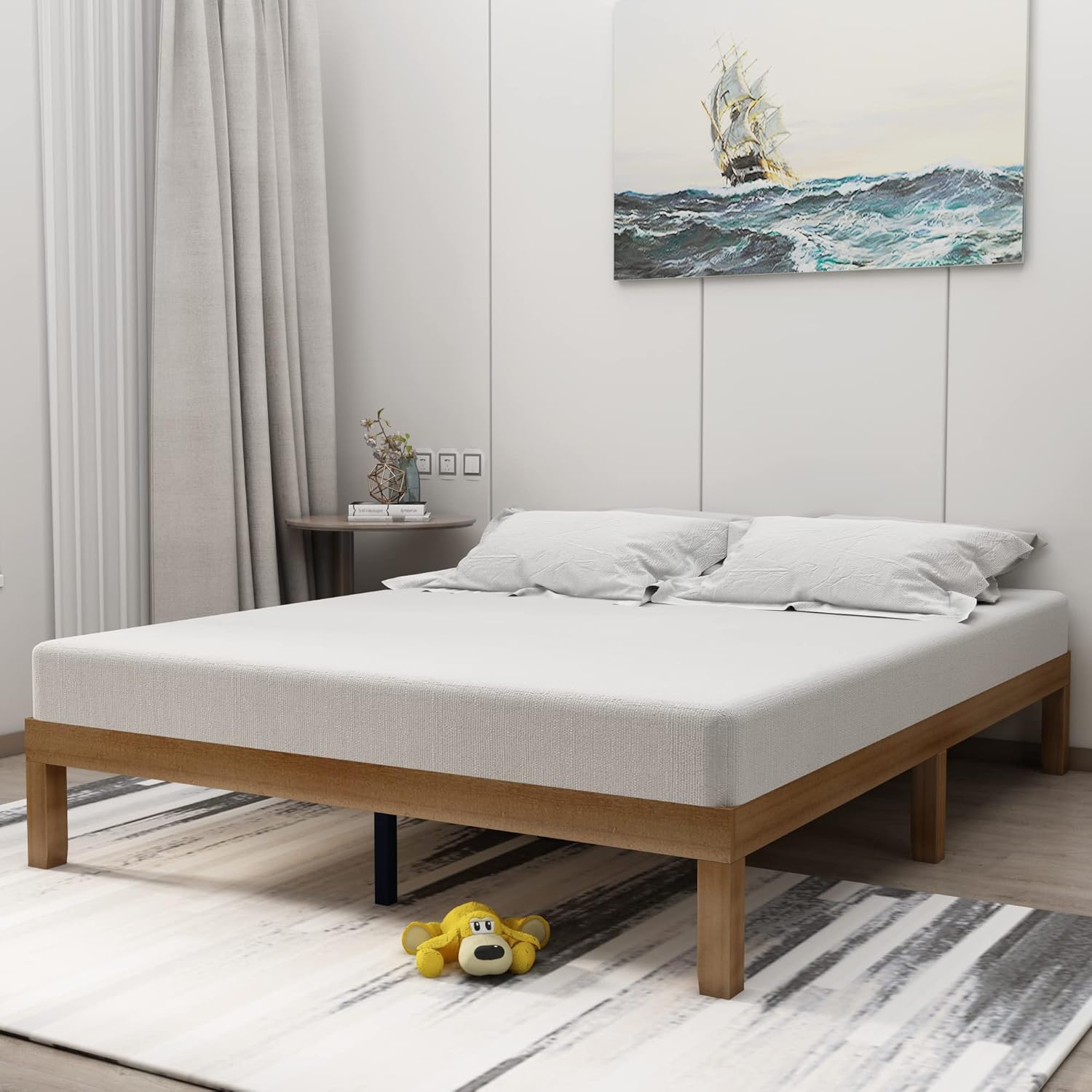 Queen Solid Wood Classic Platform Bed Frame, 12 Inch, Natural Color, Wood Slat Supports, Underground Storage, Easy Assembly (No Box Springs Required)