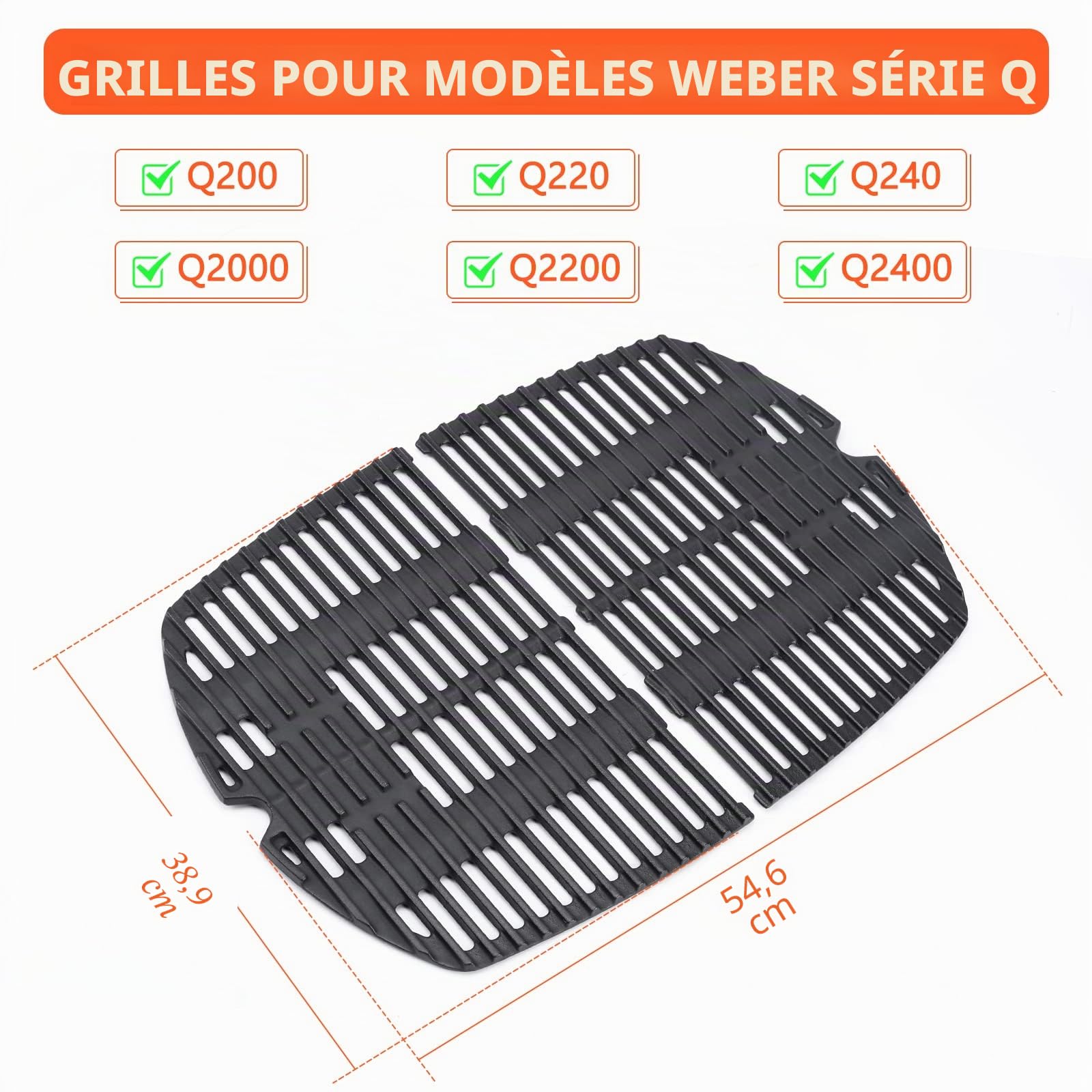 7645 Grille de cuisson en fonte – pièces de rechange pour Weber Q200, Q220, Q2000, Q2400 Series barbecues à gaz, 27,3 × 38,8 cm Grille en fonte compatible avec Weber 7645, 65811, 69935, 396000, 396001