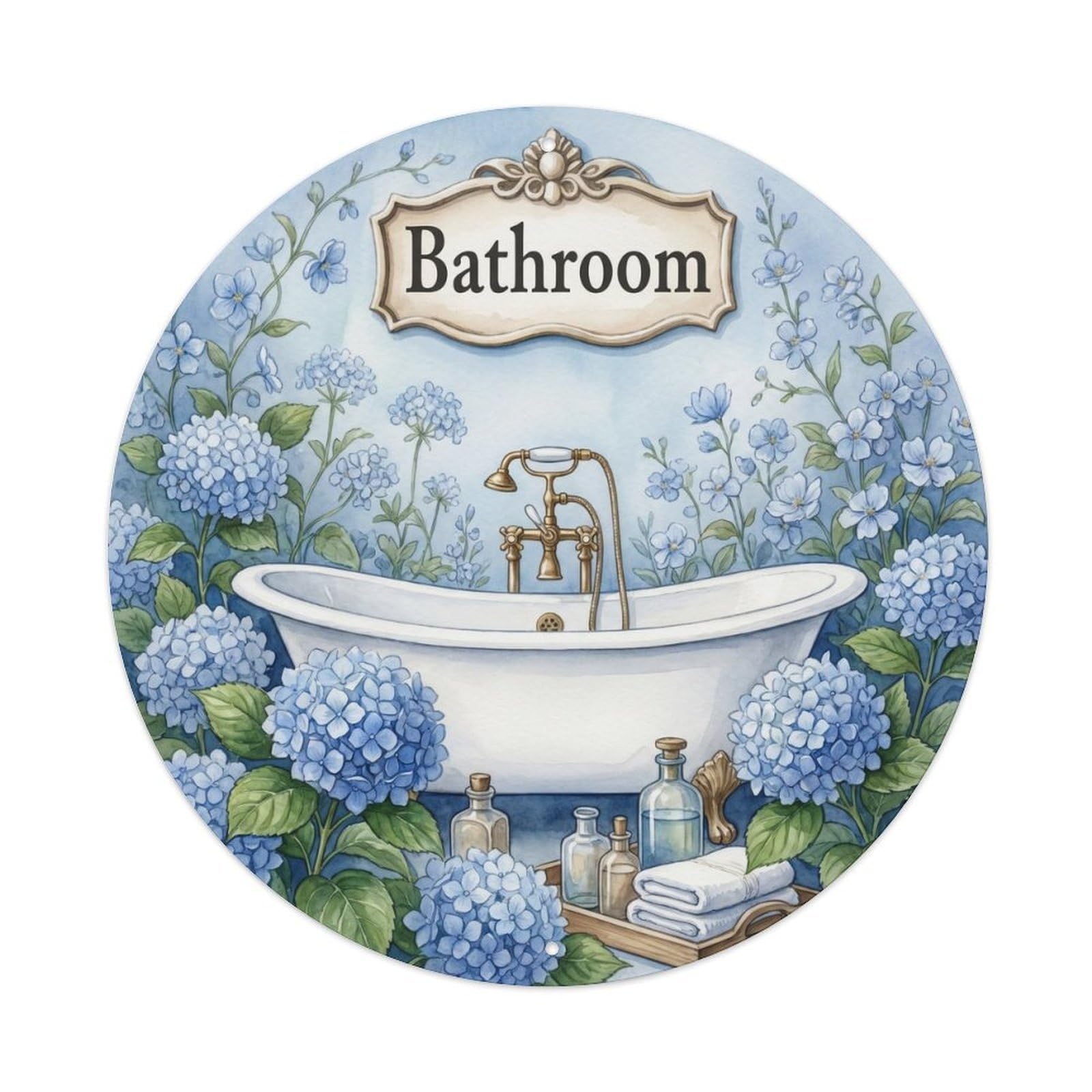 Yrnq Vintage Style Bathroom Hydrangea Romantic Bathroom Wall Vintage Metal Tin Sign Plaque Wall Decor For Cafe, Club, Garden Round Metal Poster 8X8inch