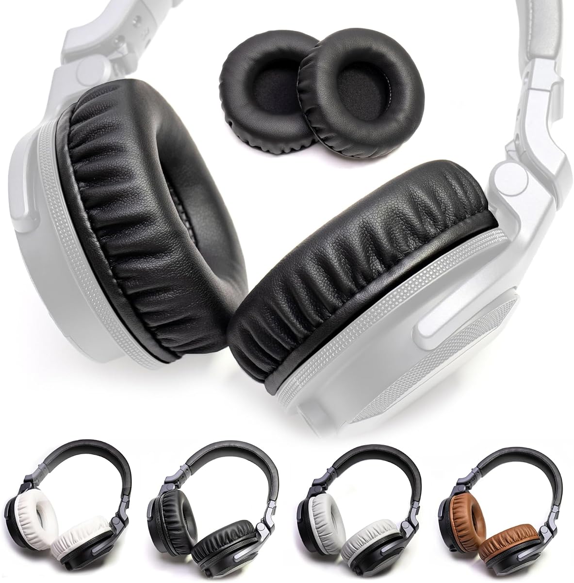 Thick Soft Protein Leather Ear Pads Foam Cushion Cover Replacement Pads Compatible with Pioneer HDJ CUE1 Cue One,HDJ500 DJ Headphone Headset (Black Ear Pads L,R)