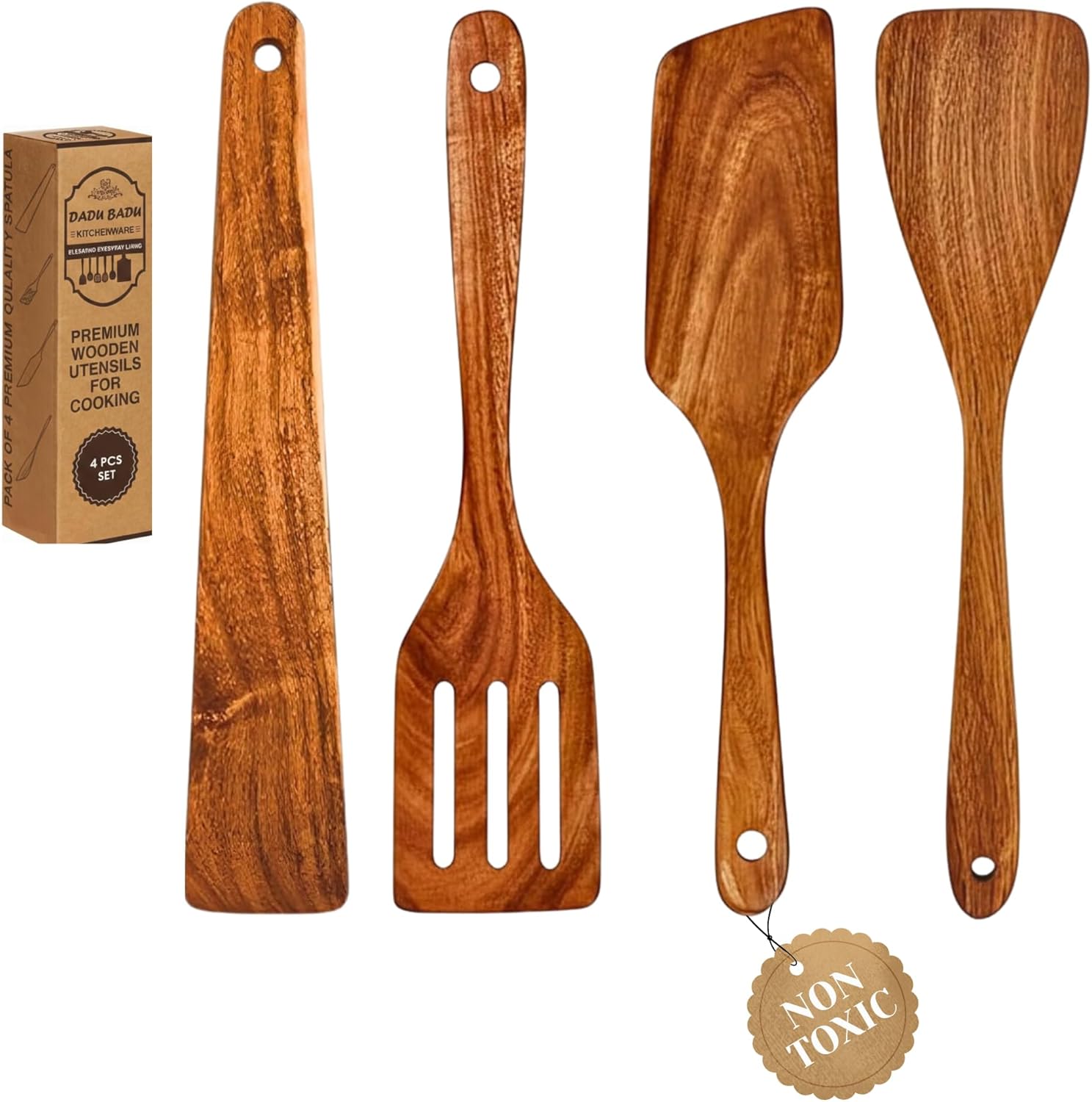 DADU BADU 4 Piece Teak Wood Spatula Set - Handmade Wooden Utensils for Nonstick Cookware - Includes Turner, Slotted, Paddle & Scraper - Heat Resistant Kitchen Utensil Gift Set