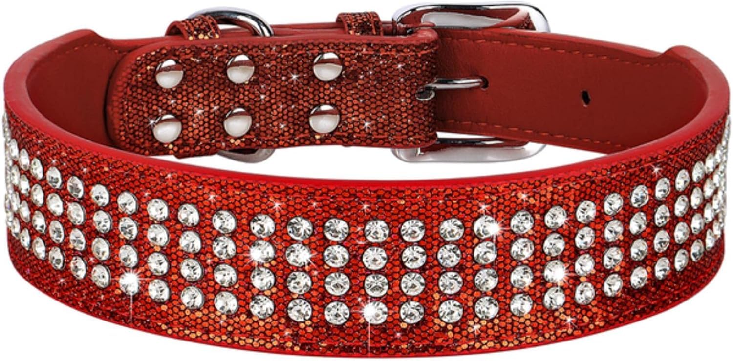 Collar Ancho de Cuero con Diamantes y Brillantes for Perros medianos Grandes, Estilo Bulldog francés(Red,XL)
