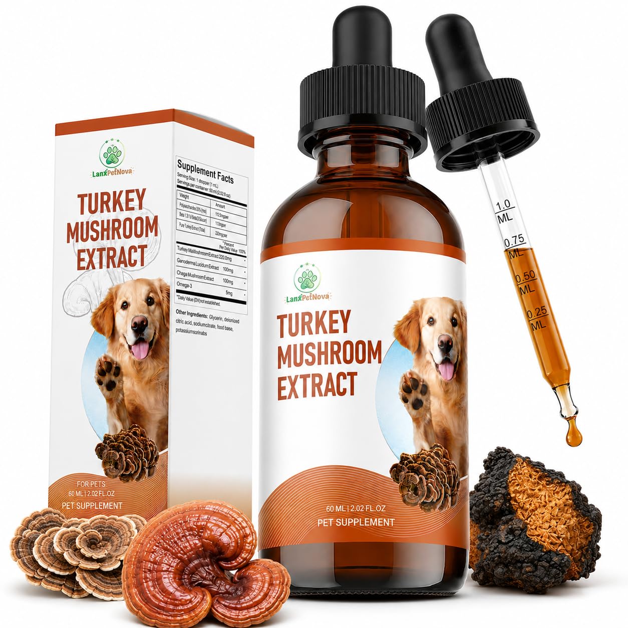 Extracto de Hongo Cola de Pavo para Perros y Gatos, Gotas Líquidas con Reishi, Chaga y Omega-3, para Mascotas Mayores, Sensibles y Debilitadas, Apoya el Sistema Inmunológico, Digestión, Vitalidad