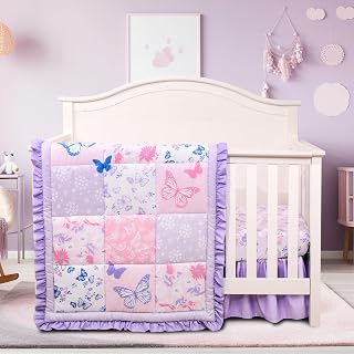 Cloele Purple Butterfly Crib Bedding Set for Girls - 3pc Soft Comforter, Fitted Sheet & Skirt, Standard Nursery Essentials