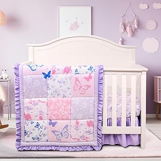 Cloele Crib Bedding Set for Girls, 3 Pieces Floral Butterfly Baby Beddin...