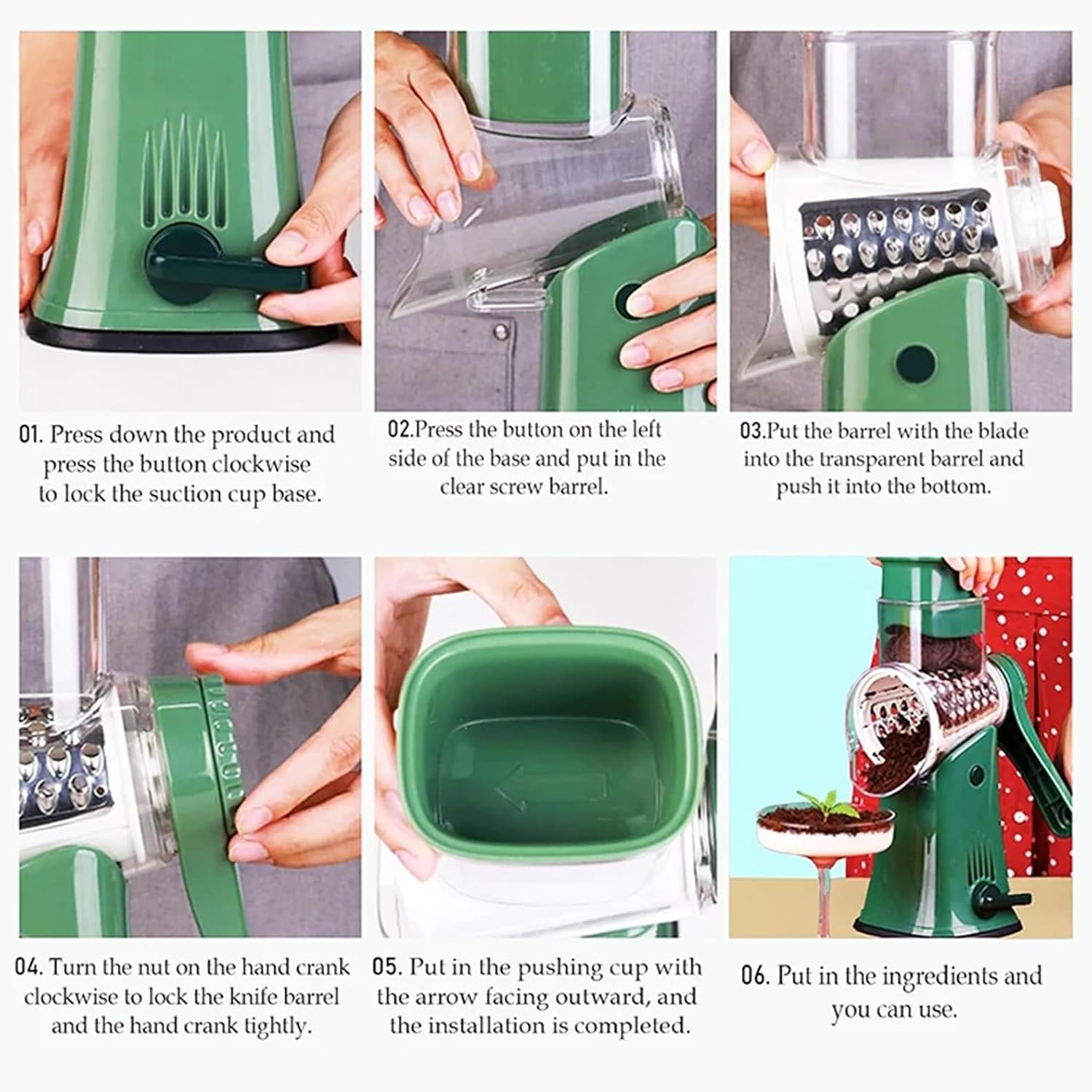 5-in-1 Manual Rotary Cheese Grater and Vegetable Slicer, Stainless Steel Drum Shredder with Composite Handle, Kitchen Mandoline and Nut Chopper(Green)