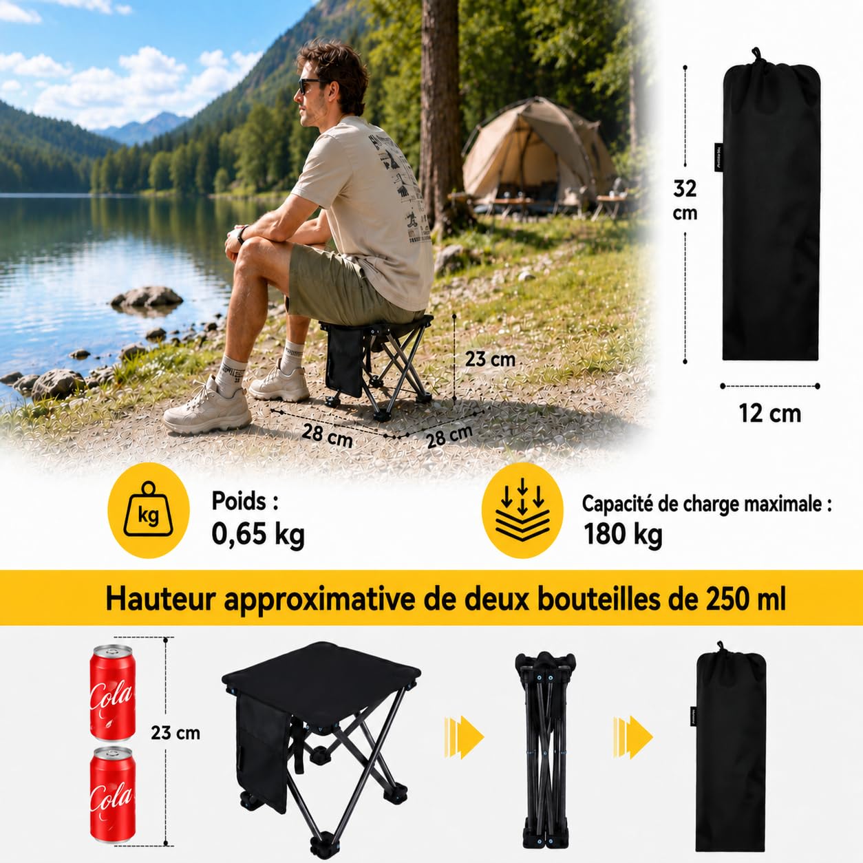 KingCamp Lot de 2 Tabourets de Camping Pliables jusqu'à 180 kg Noir | Légers 0,65 kg avec Assise Basse 28x28 cm, Format Compact et Sac de Transport pour Pêche, Jardin et Outdoor