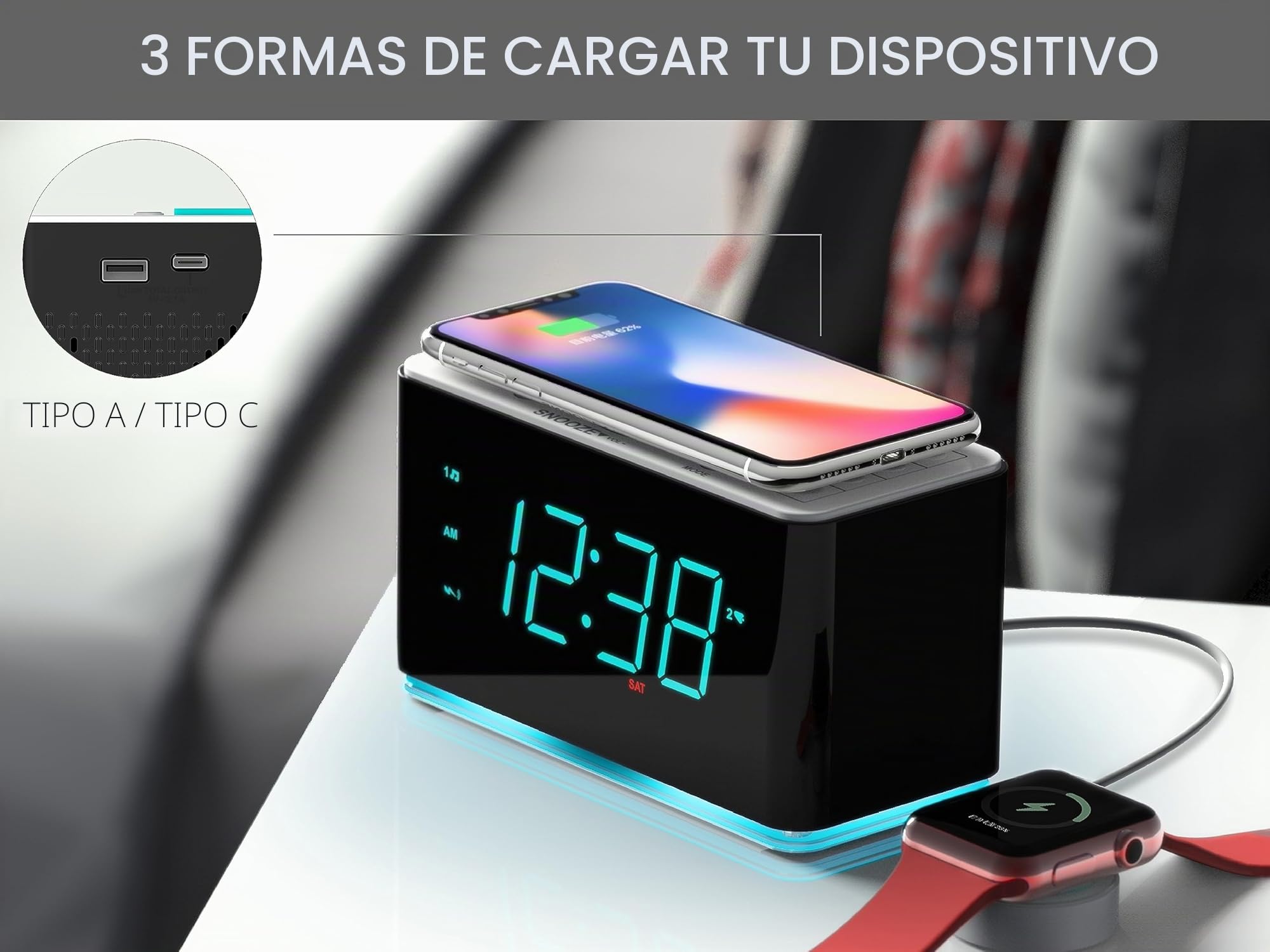 iTOMA Radio Despertador con Carga inalámbrica, repetición, Bluetooth, Doble Alarma, atenuador de Pantalla LED, luz Nocturna CKS207