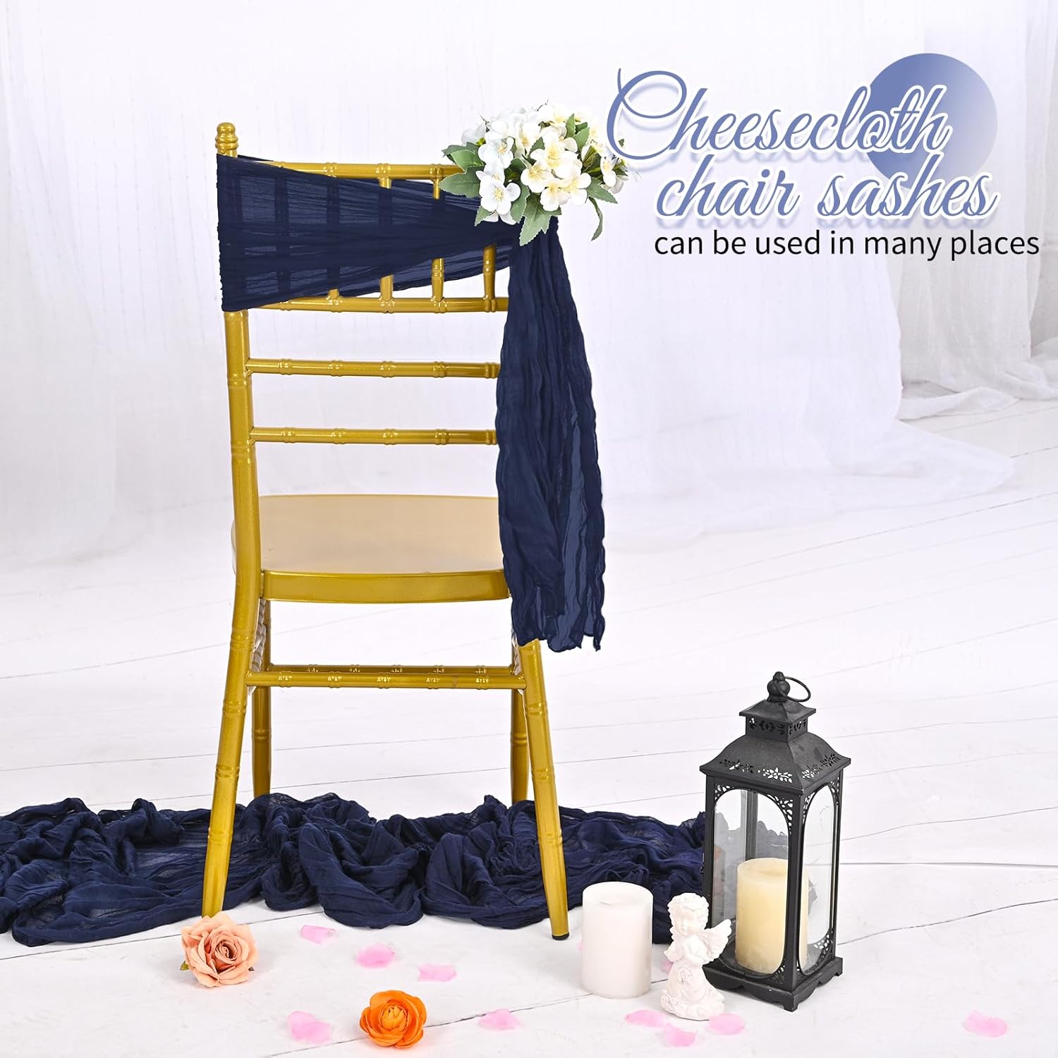 60 PCS Navy Blue Cheesecloth Chair Sashes, 16 x 70 inch Cheesecloth Chair Sashes RusticChair Decorative Bows Designed for Wedding Banquet Party Aisle Home Kitchen Decoration