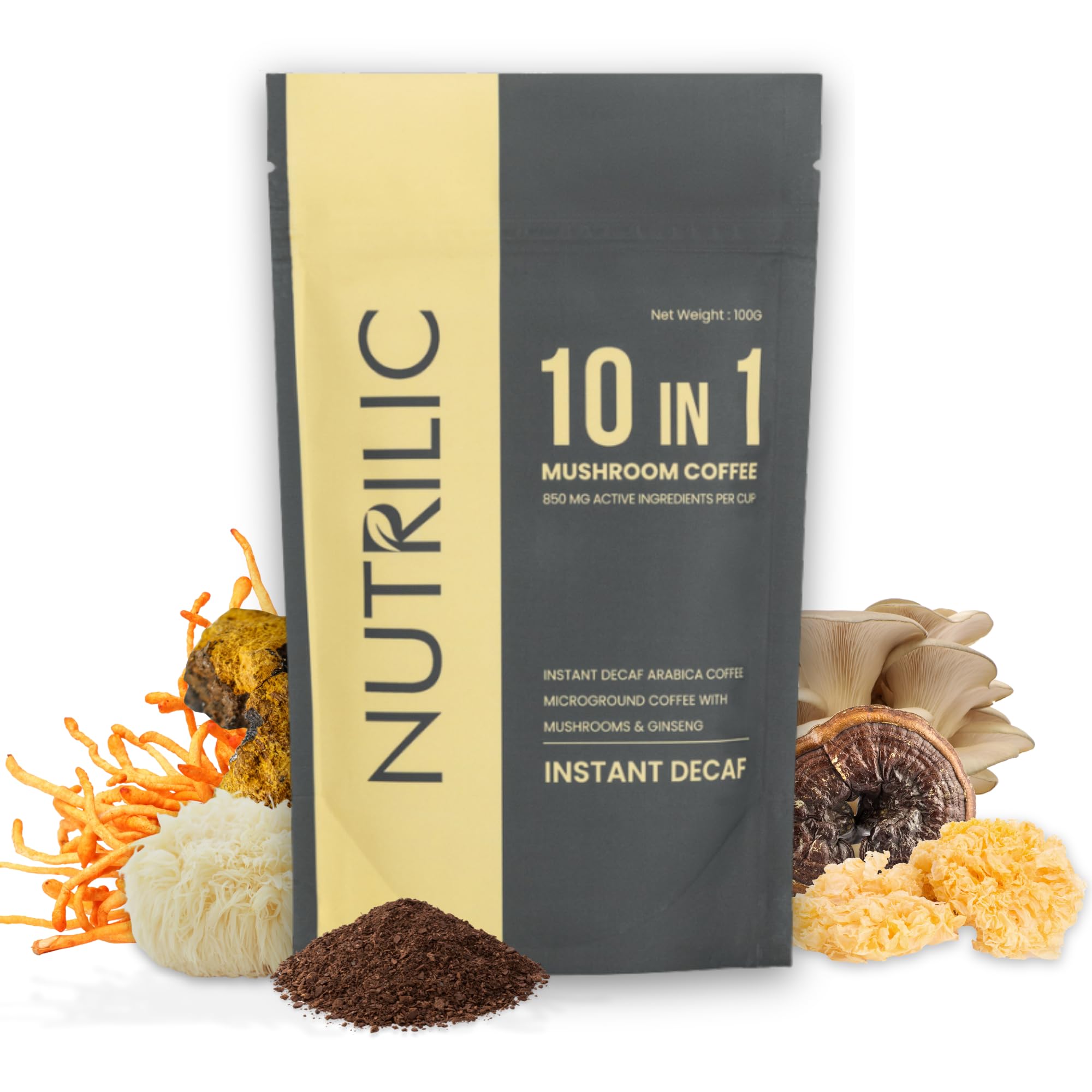 – NUTRILIC 10 Mushroom Coffee Decaf Arabica Blend with Lions Mane, Chaga, Reishi, Maitake, Shitake, Black Fungus, Tremella, Ginseng Extract, Cordyceps, and Golden Mushroom