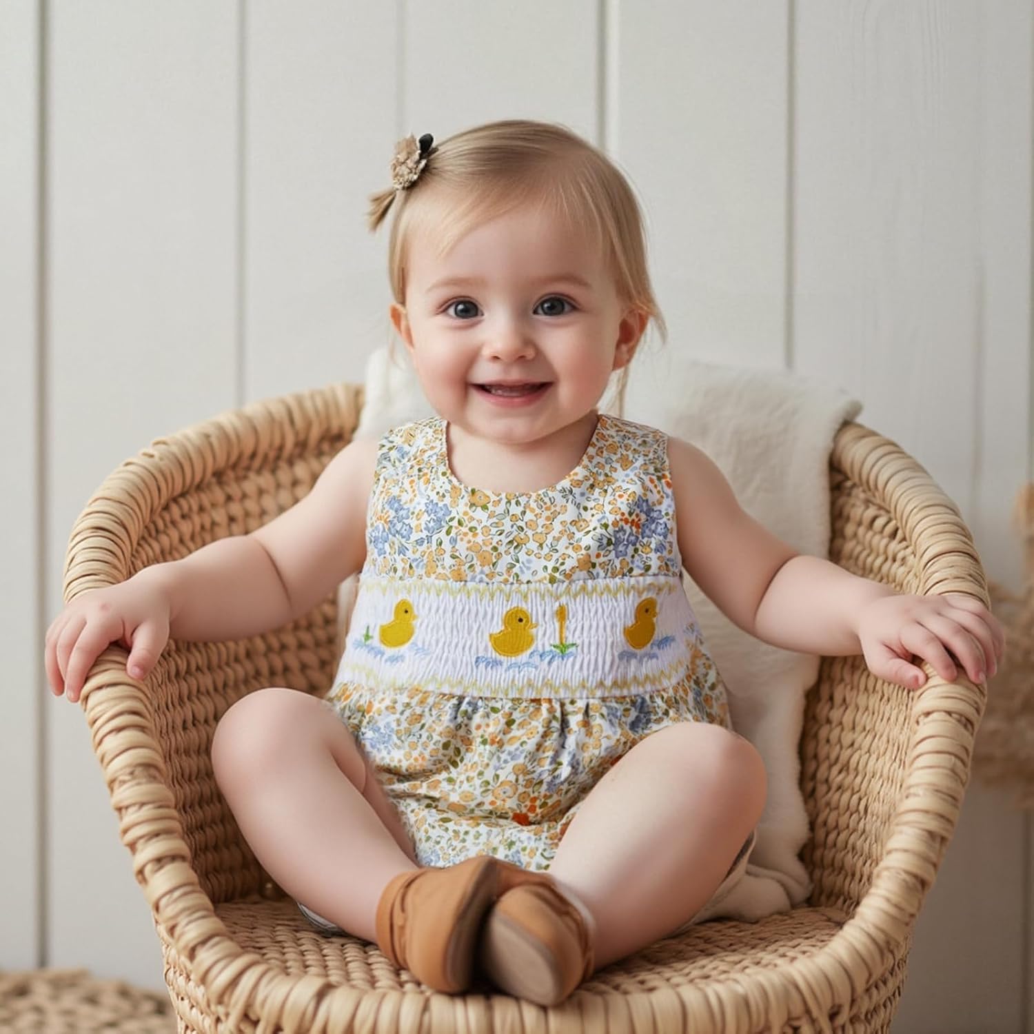 Baby Girl Floral Bubble Romper with Duck Embroidery Sleeveless Smocked Bodysuit Farm Animal Summer Outfit